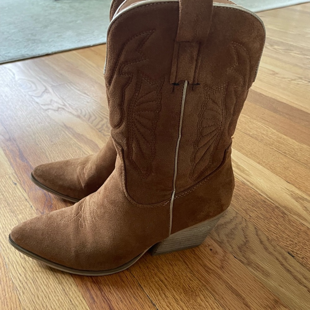 Brown Heeled Western Boots with Subtle Stitching, faux suede leather, vegan